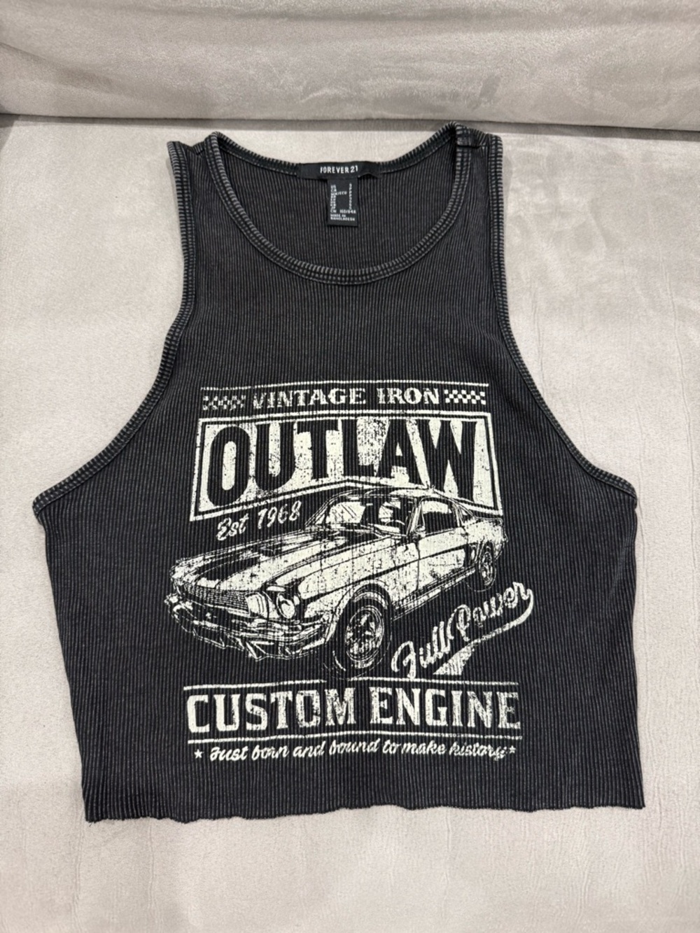 Forever 21 Black Ribbed Outlaw Graphic Crop Tank Top